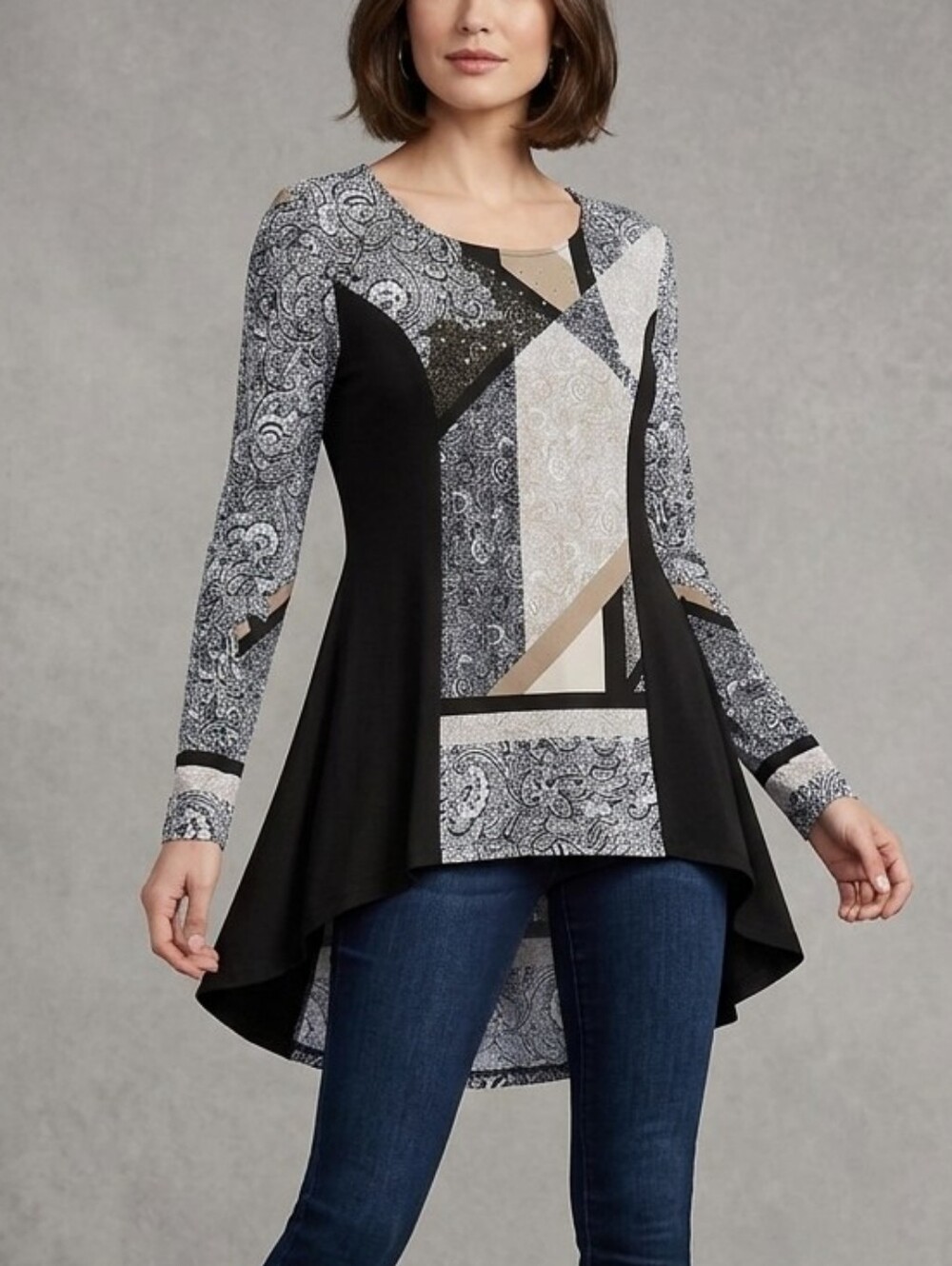 Style & Co Black Beige Paisley Mixed Print Embellished Long Sleeve Top Size S
